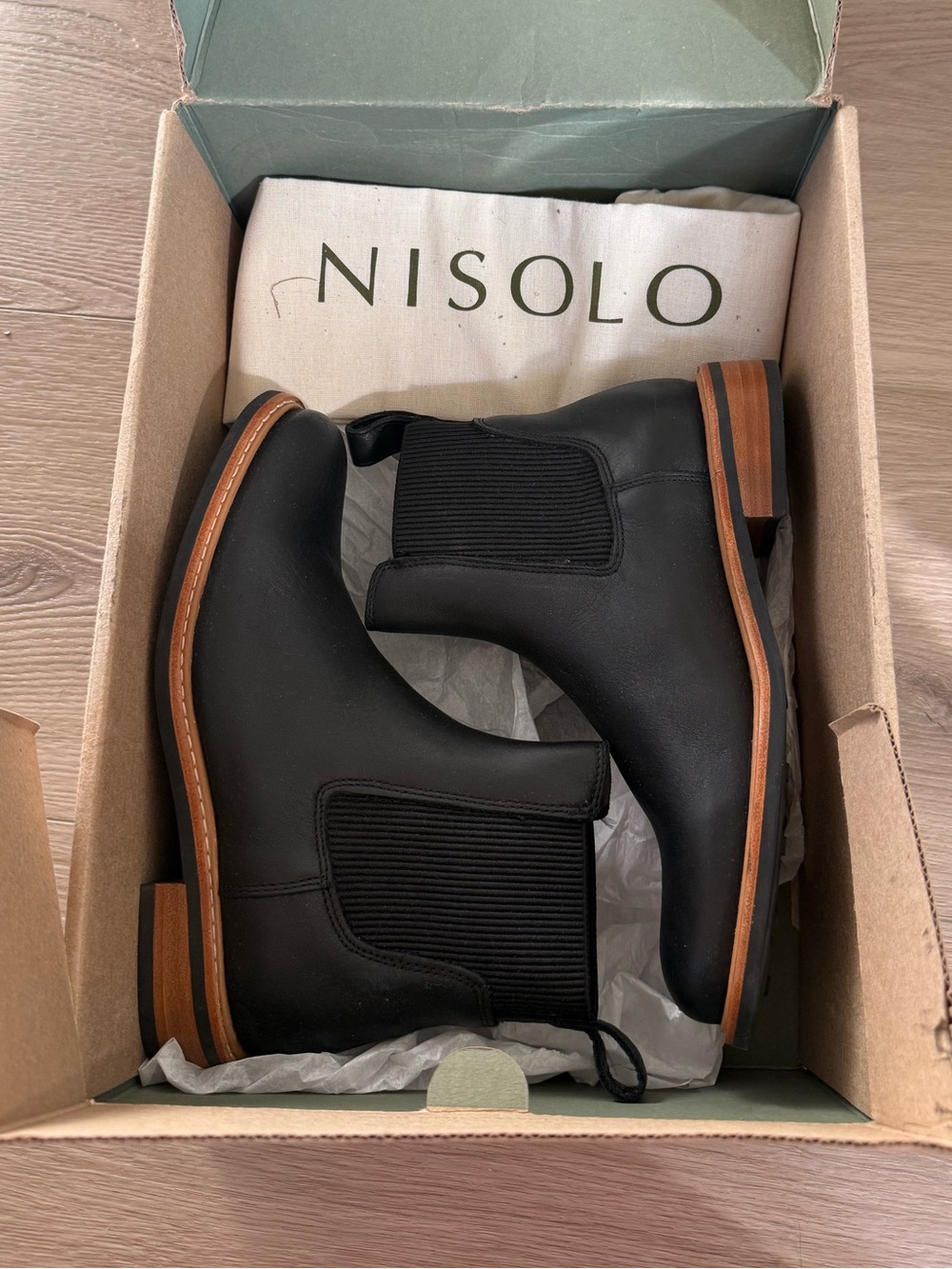 Nisolo Black Leather Chukka Boots with Brown Sole